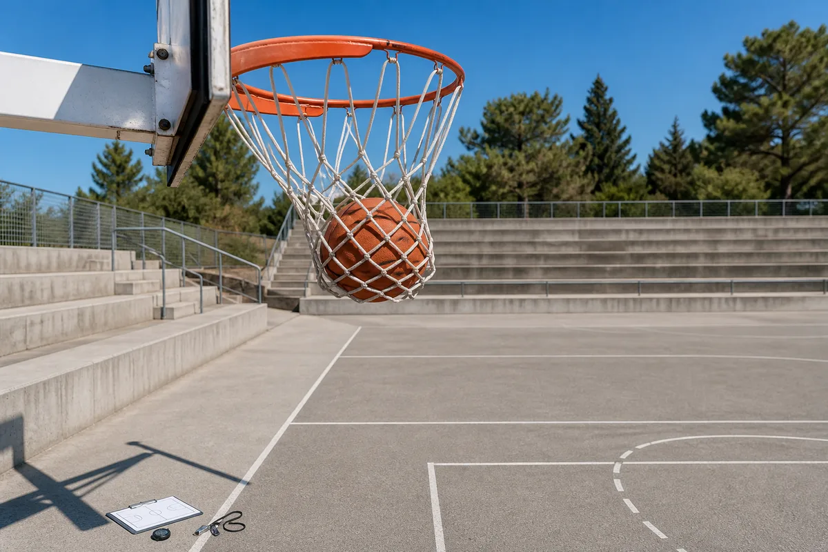 Ballon de basket franchissant le cercle lors d&rsquo;un tir réussi