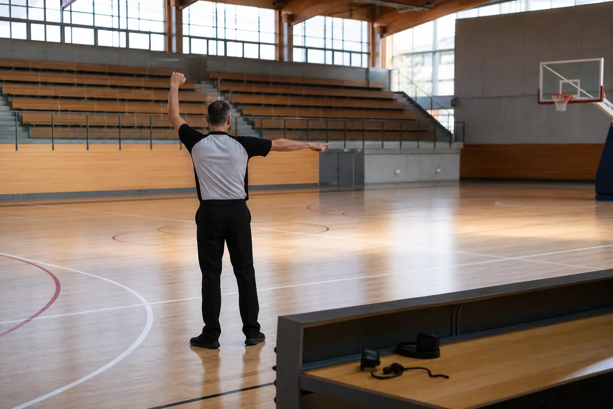 Arbitre de basketball signalant une faute au chronométreur