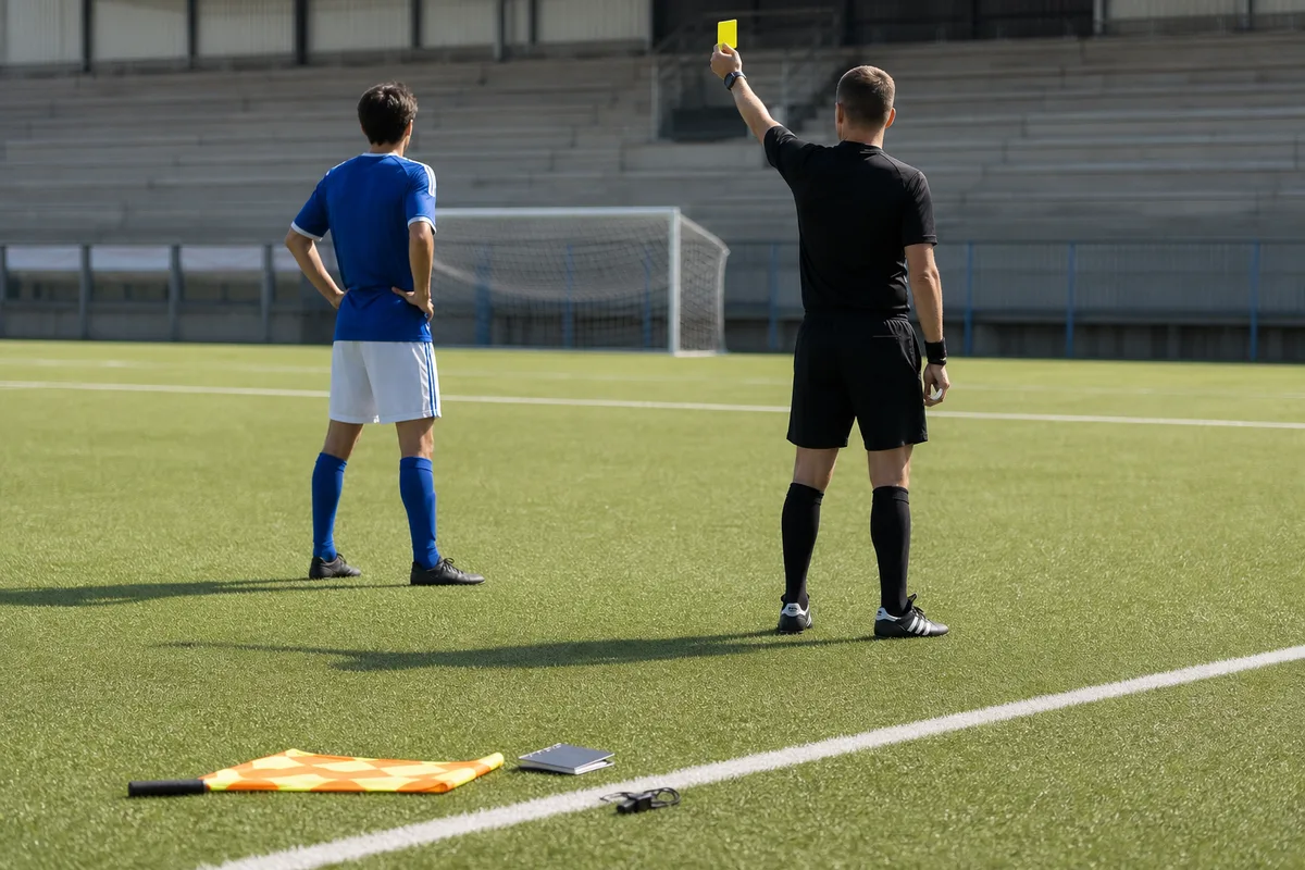 Arbitre de football brandissant un carton jaune vers un joueur