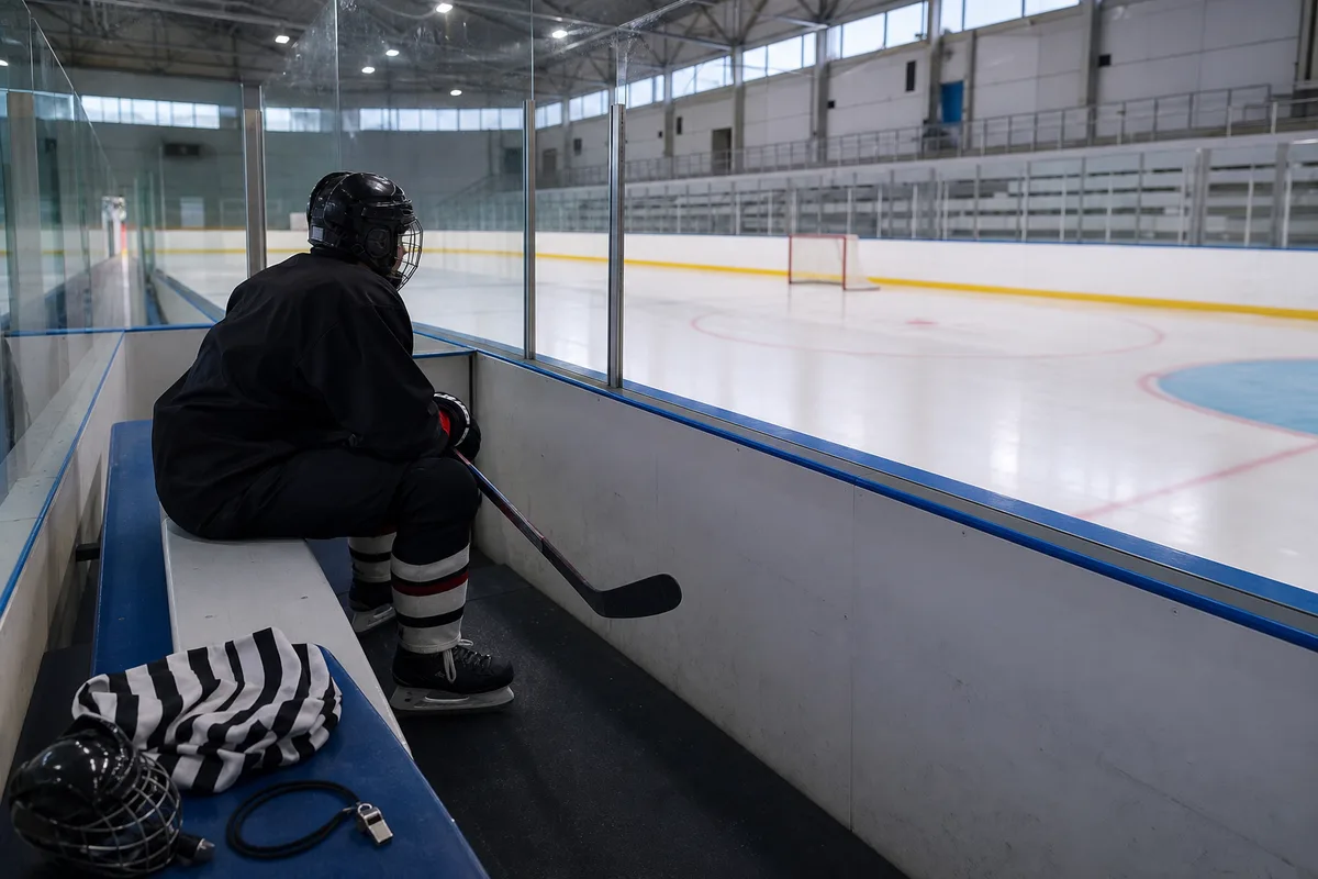 Joueur de hockey sur glace assis sur le banc des pénalités