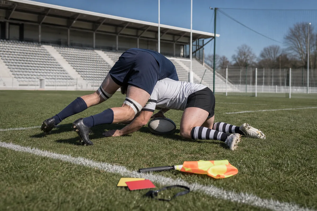 Deux joueurs disputant un ballon au sol dans un regroupement de rugby