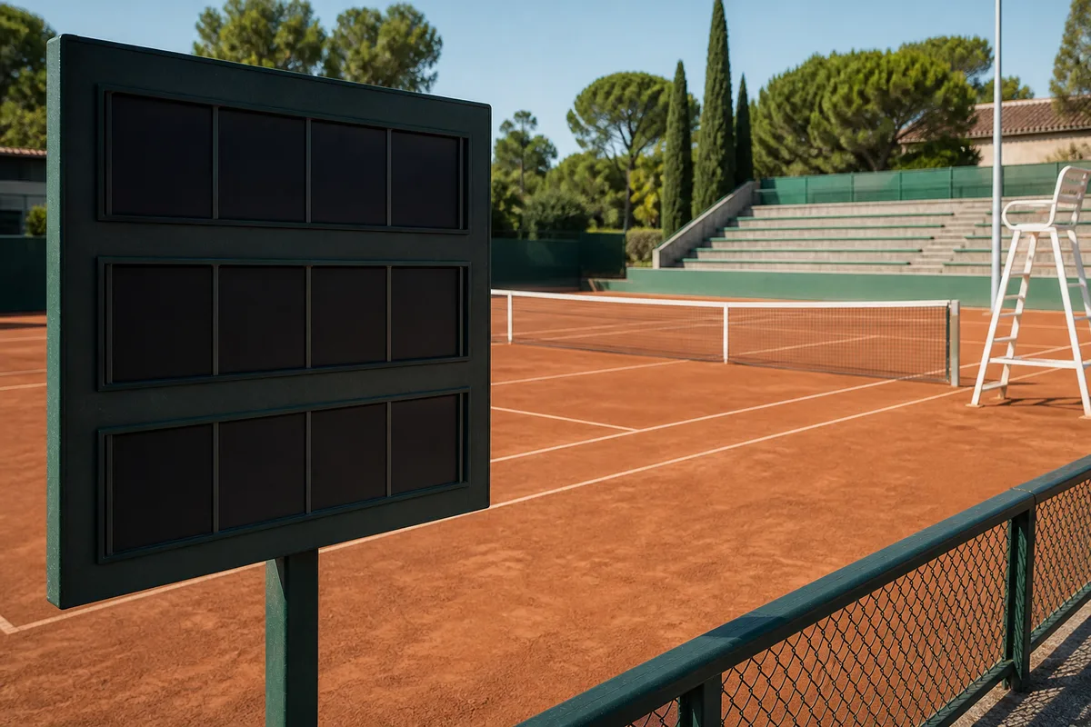 Tableau d’affichage de score sur un court de tennis en terre battue
