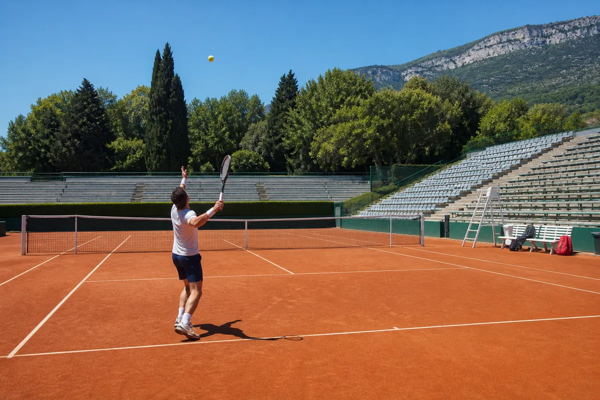 Joueur de tennis au service, raquette levée, balle en suspension