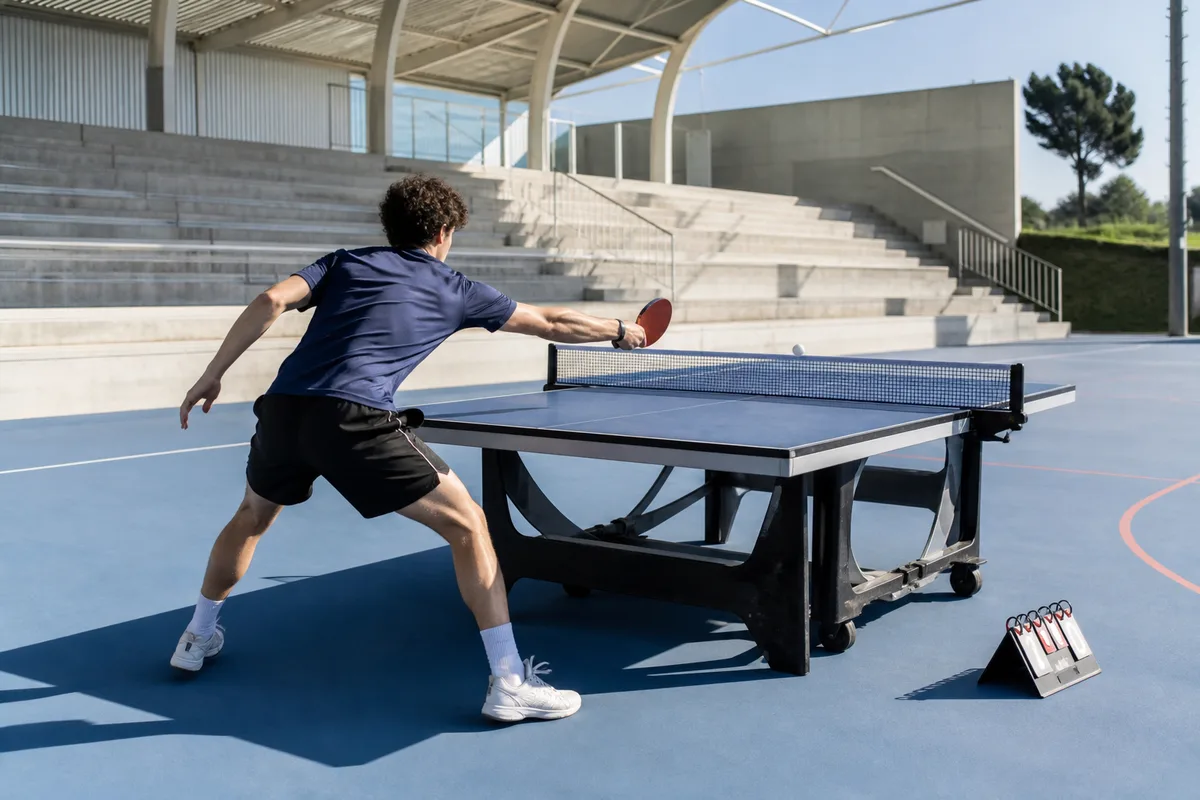 Joueur de tennis de table en position de renvoi près de la table