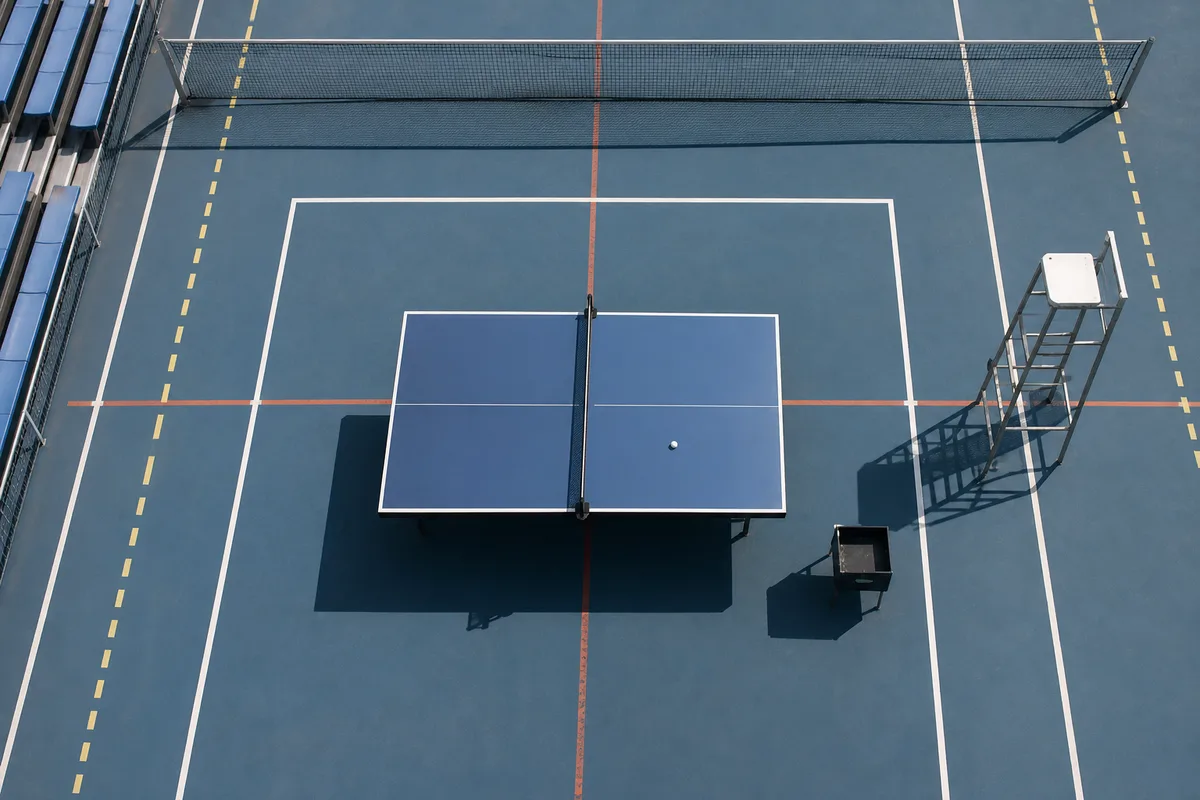 Table de tennis de table vue de dessus avec filet et balle blanche